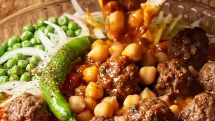 Baked Turkish tava with meatballs, chickpeas, and peas in a rich tomato sauce, with a piece of pita dipped in the center.