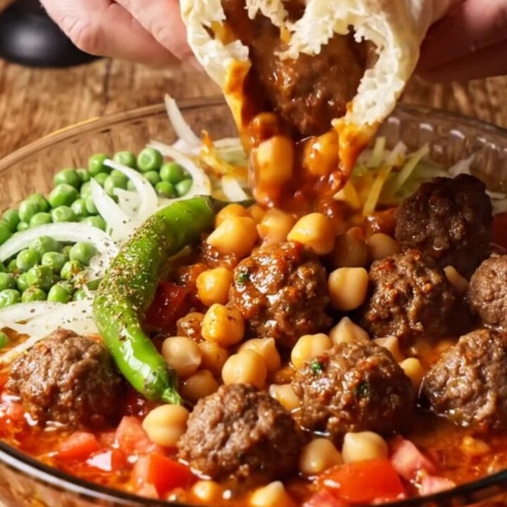 Baked Turkish tava with meatballs, chickpeas, and peas in a rich tomato sauce, with a piece of pita dipped in the center.