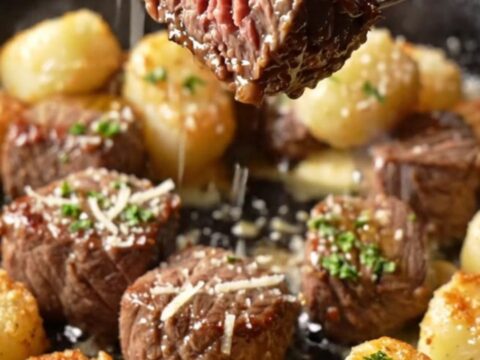 Garlic butter steak bites and crispy truffle gnocchi in a cast iron skillet, topped with parmesan and parsley.