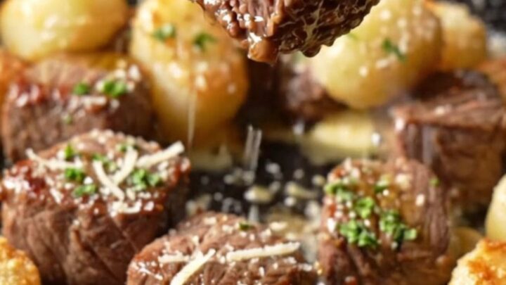 Garlic butter steak bites and crispy truffle gnocchi in a cast iron skillet, topped with parmesan and parsley.