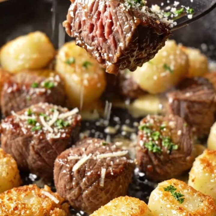 Garlic butter steak bites and crispy truffle gnocchi in a cast iron skillet, topped with parmesan and parsley.