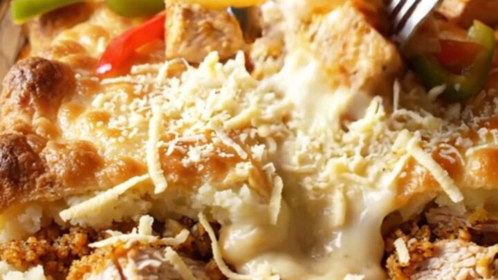 A golden, bubbly casserole in a glass dish, showing layers of mashed potato, chicken