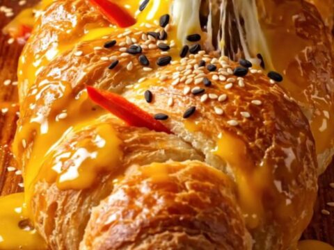 Braided Turkish beef and cheese roll sliced, showing melted cheese and spiced meat filling.