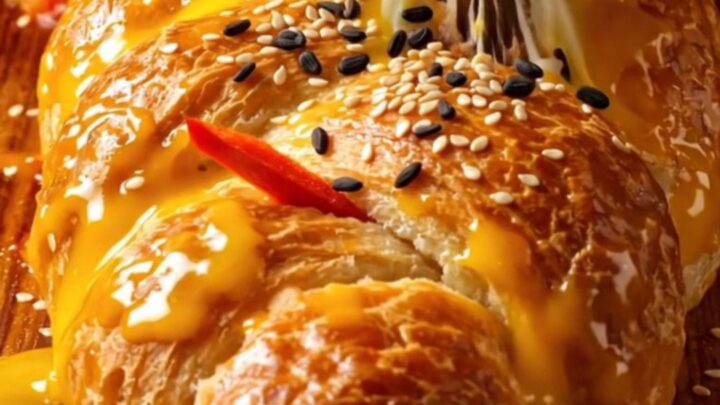Braided Turkish beef and cheese roll sliced, showing melted cheese and spiced meat filling.