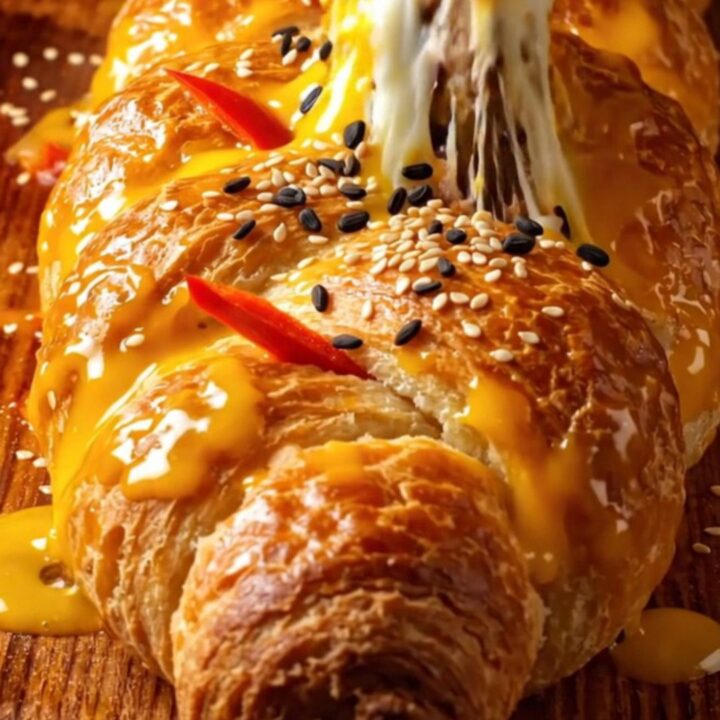Braided Turkish beef and cheese roll sliced, showing melted cheese and spiced meat filling.