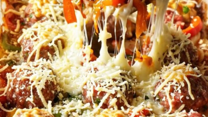 Turkish baked meatballs and vegetables in a glass dish with melted cheese