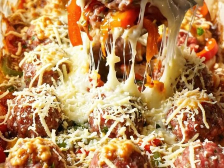 Turkish baked meatballs and vegetables in a glass dish with melted cheese