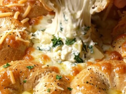 Cast iron skillet with golden bagel chunks around a bubbling spinach artichoke dip, with melted cheese stretching