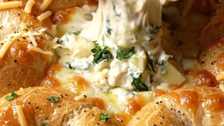 Cast iron skillet with golden bagel chunks around a bubbling spinach artichoke dip, with melted cheese stretching
