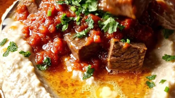 Spoon scooping braised beef over smoky eggplant puree on a ceramic plate