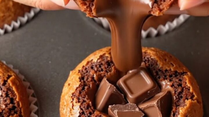 Fudgy brownie muffin broken in half showing gooey chocolate center