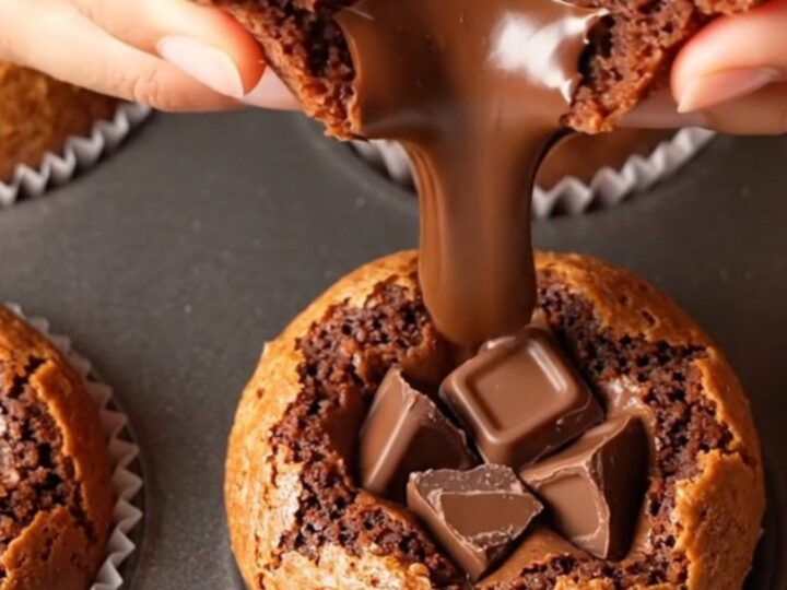 Fudgy brownie muffin broken in half showing gooey chocolate center