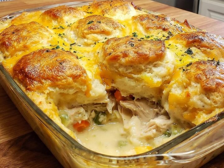 A golden-brown chicken cobbler casserole fresh from the oven, served in a glass baking dish.