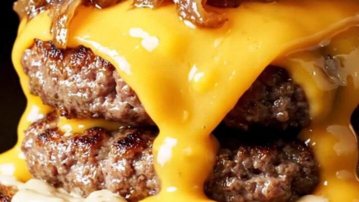 Double smash burger with melted smoked Gouda and caramelized onions on a toasted pretzel bun