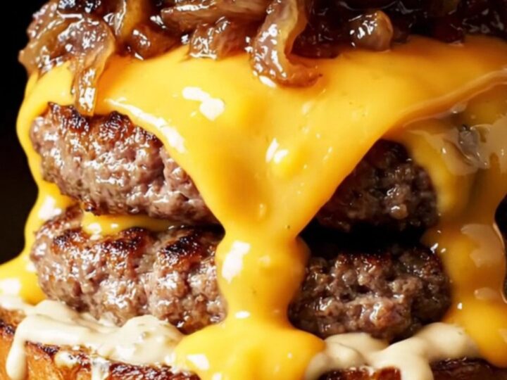 Double smash burger with melted smoked Gouda and caramelized onions on a toasted pretzel bun
