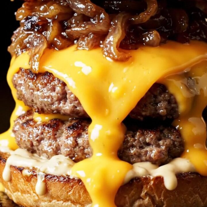 Double smash burger with melted smoked Gouda and caramelized onions on a toasted pretzel bun