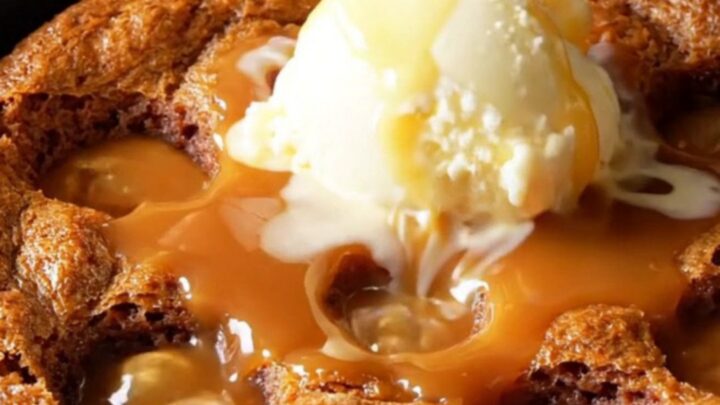 Warm sticky toffee date pudding in a cast-iron skillet, drenched in caramel sauce with a scoop of melting vanilla ice cream.
