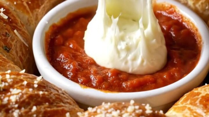 Golden pull-apart brioche wreath with melted cheese and garlic butter, served with marinara sauce.