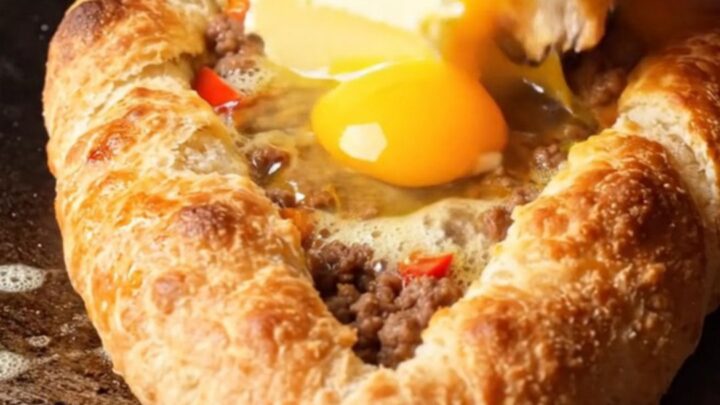 Boat-shaped Turkish pide with blistered crust, spiced beef, melted butter, and glossy egg yolk