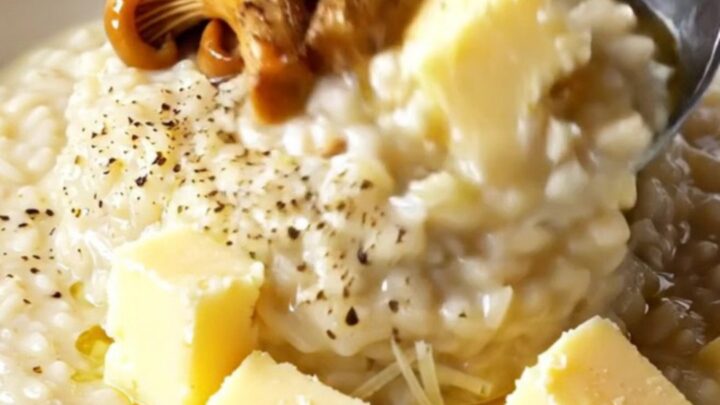 Creamy wild mushroom and Taleggio risotto topped with seared chanterelles and truffle oil in a skillet