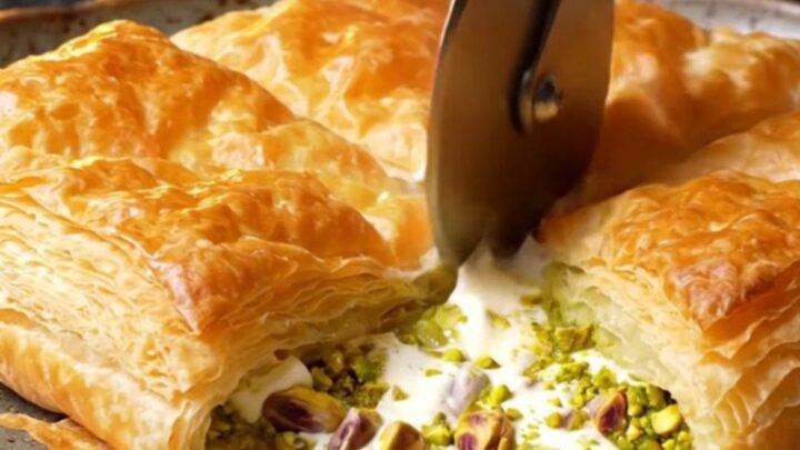 Golden blistered katmer pastry cut into triangles, showing pistachio and cream filling