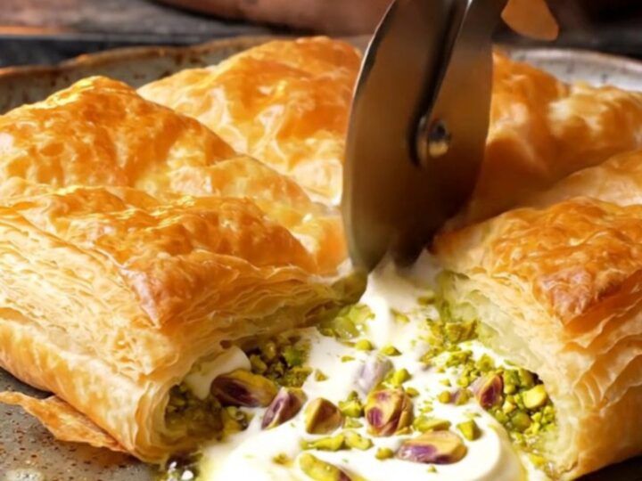 Golden blistered katmer pastry cut into triangles, showing pistachio and cream filling