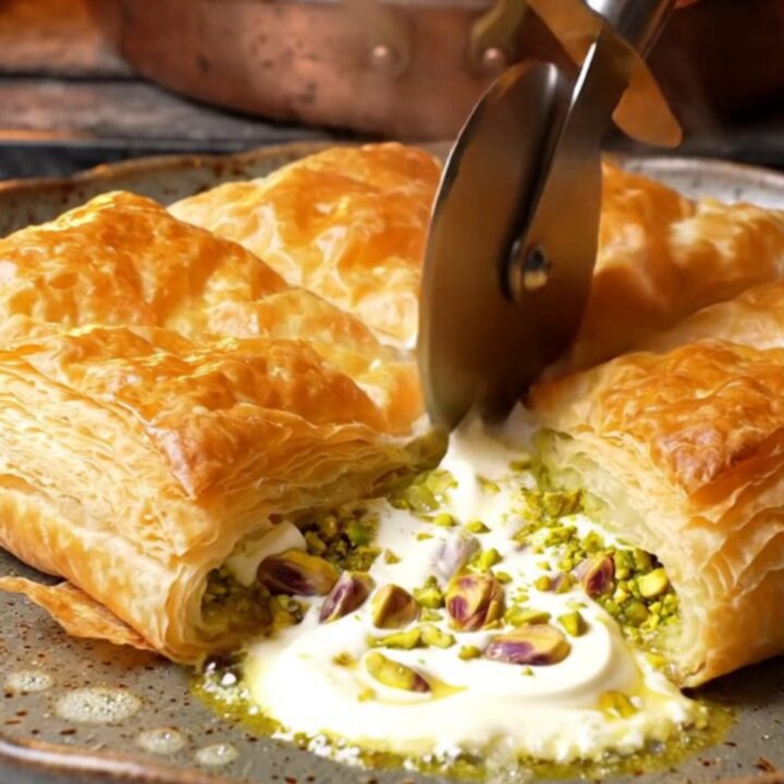 Golden blistered katmer pastry cut into triangles, showing pistachio and cream filling