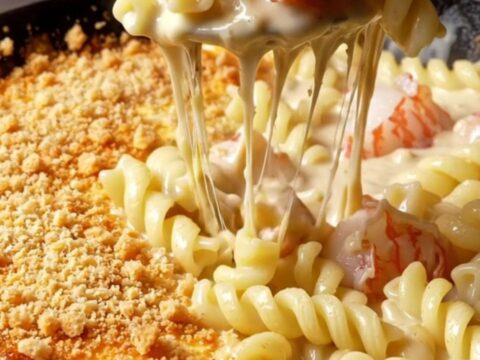 Cast iron skillet with creamy lobster mac and cheese, golden panko crust, and lobster chunks visible.