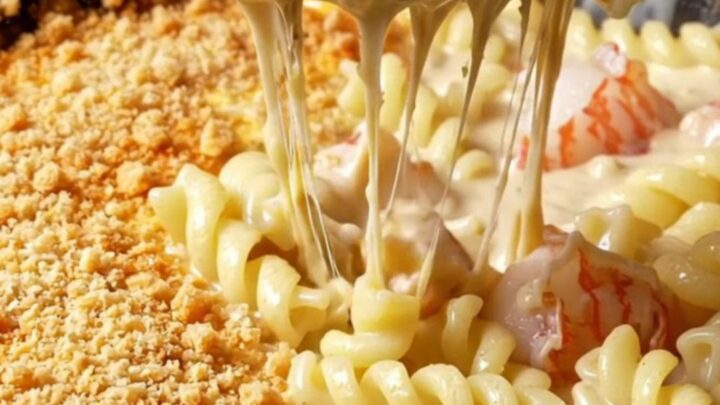 Cast iron skillet with creamy lobster mac and cheese, golden panko crust, and lobster chunks visible.