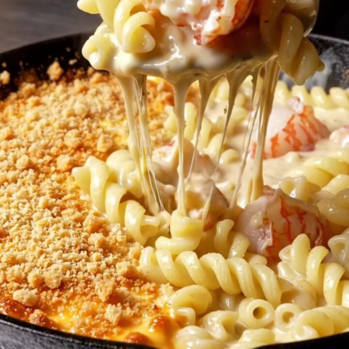Cast iron skillet with creamy lobster mac and cheese, golden panko crust, and lobster chunks visible.
