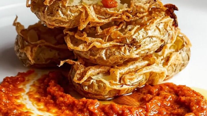 Crispy smashed fingerling potatoes on a plate with Romesco sauce, garnished with almonds and parsley