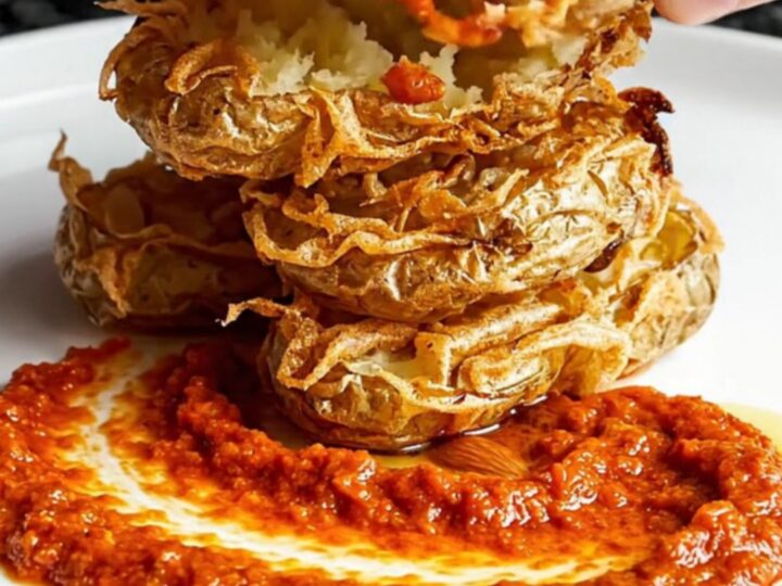 Crispy smashed fingerling potatoes on a plate with Romesco sauce, garnished with almonds and parsley