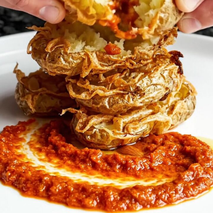 Crispy smashed fingerling potatoes on a plate with Romesco sauce, garnished with almonds and parsley