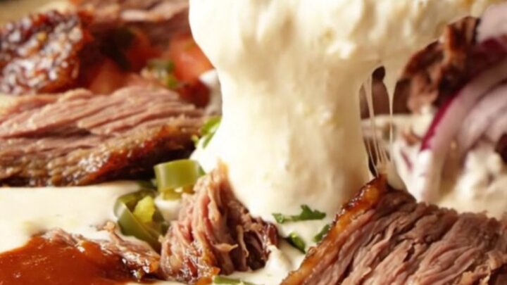 Cast iron skillet filled with bubbling white queso dip, chunks of smoked brisket, and a swirl of barbecue sauce