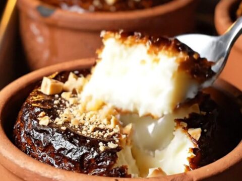 Cracked caramelized top of Turkish rice pudding in a clay bowl