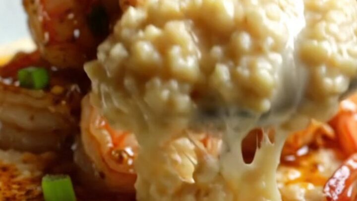 Creamy Cajun garlic shrimp and white cheddar grits in a shallow bowl, topped with green onions