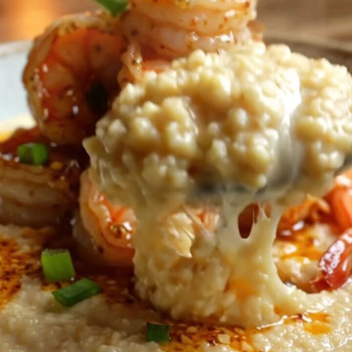 Creamy Cajun garlic shrimp and white cheddar grits in a shallow bowl, topped with green onions
