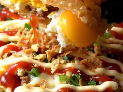 Crispy rice paper pizza topped with egg, mozzarella, scallions, and spicy mayo zigzags