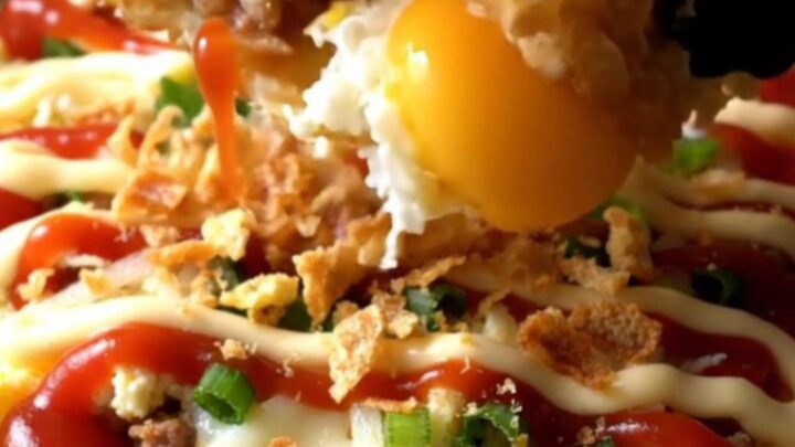 Crispy rice paper pizza topped with egg, mozzarella, scallions, and spicy mayo zigzags