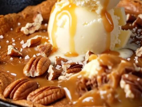 Warm brown butter pecan skillet blondie topped with vanilla ice cream and sea salt caramel