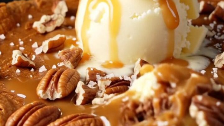 Warm brown butter pecan skillet blondie topped with vanilla ice cream and sea salt caramel