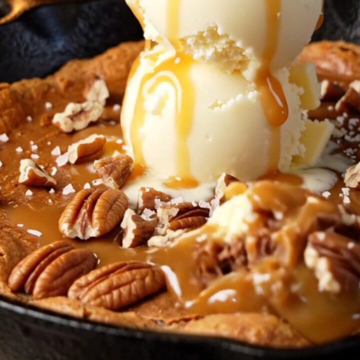 Warm brown butter pecan skillet blondie topped with vanilla ice cream and sea salt caramel