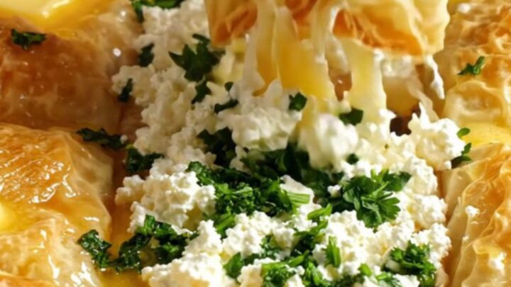 Golden-brown Turkish Su Böreği slices on a tray, showing layered phyllo with cheese and parsley