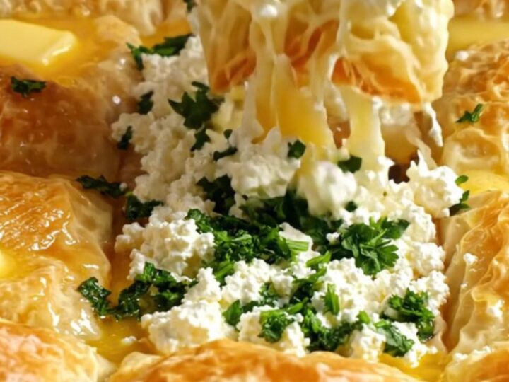 Golden-brown Turkish Su Böreği slices on a tray, showing layered phyllo with cheese and parsley