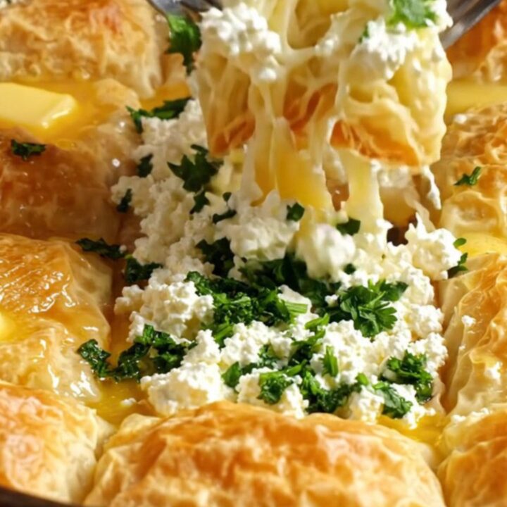 Golden-brown Turkish Su Böreği slices on a tray, showing layered phyllo with cheese and parsley