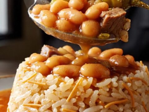A clay pot of slow-braised white beans with pastırma, ready to be served over butter rice