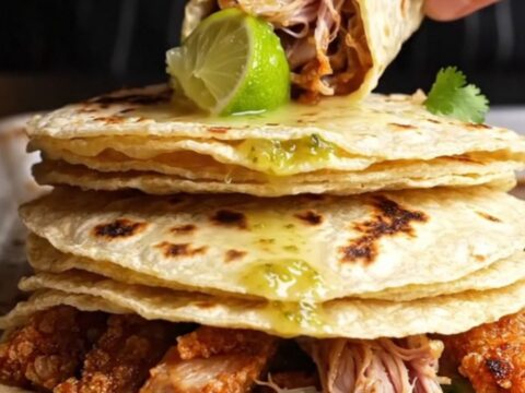 Crispy pork carnitas tacos with salsa verde, onion, cilantro, and lime on charred corn tortillas.
