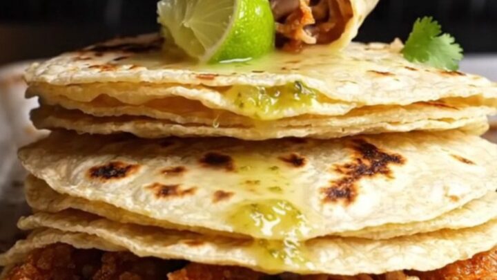 Crispy pork carnitas tacos with salsa verde, onion, cilantro, and lime on charred corn tortillas.