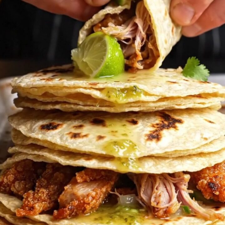 Crispy pork carnitas tacos with salsa verde, onion, cilantro, and lime on charred corn tortillas.