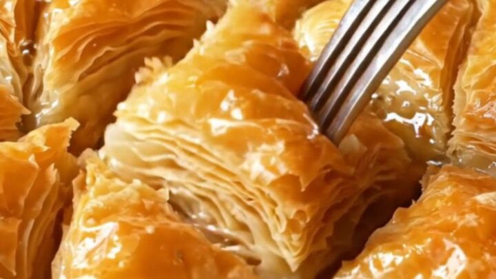 Golden diamond-cut Turkish baklava with syrup being poured over, showing flaky layers